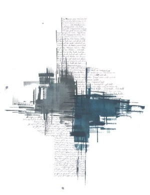 Gib Acht, mixed media on paper with handwritten Persian and German text